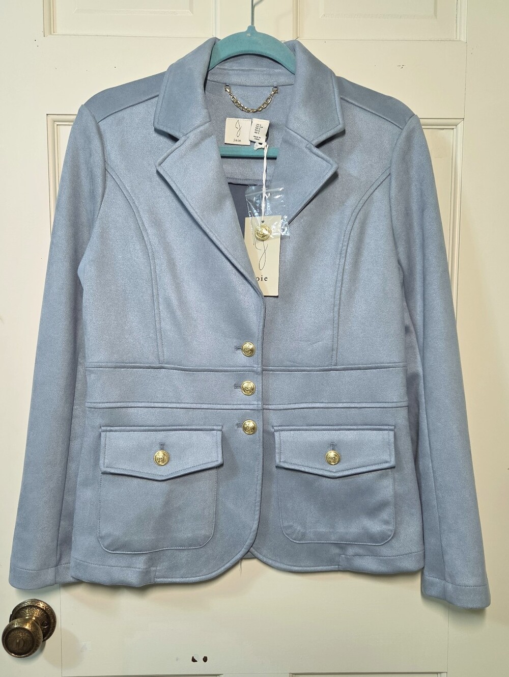 NWT Joie Baby Blue Vegan Brushed Suede Blazer with Gold Buttons, Size S
